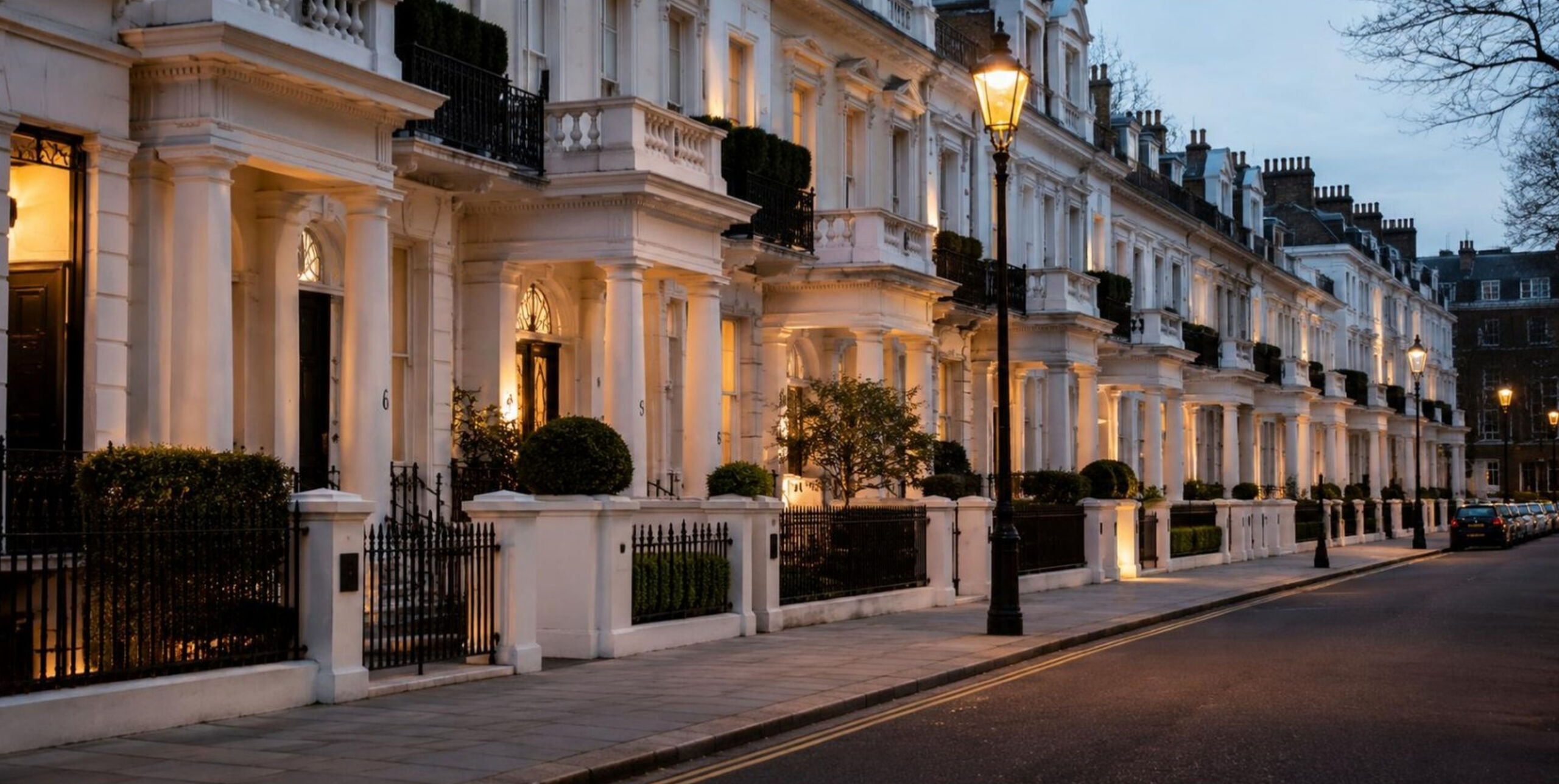 Street view of regency style houses in London